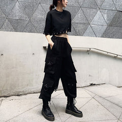 PERHAPS U Women Hip Pop Pants Pocket Elastic Waist Black Solid Casual Streetwear P0030