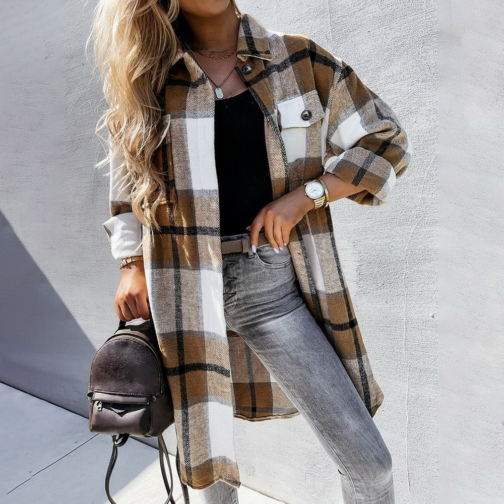 Women Vintage Warm Shirt Jacket Autumn Winter Plaid Long Shirt Jacekt Casual Loose Buttons Pockets Turn down Shirt Coat