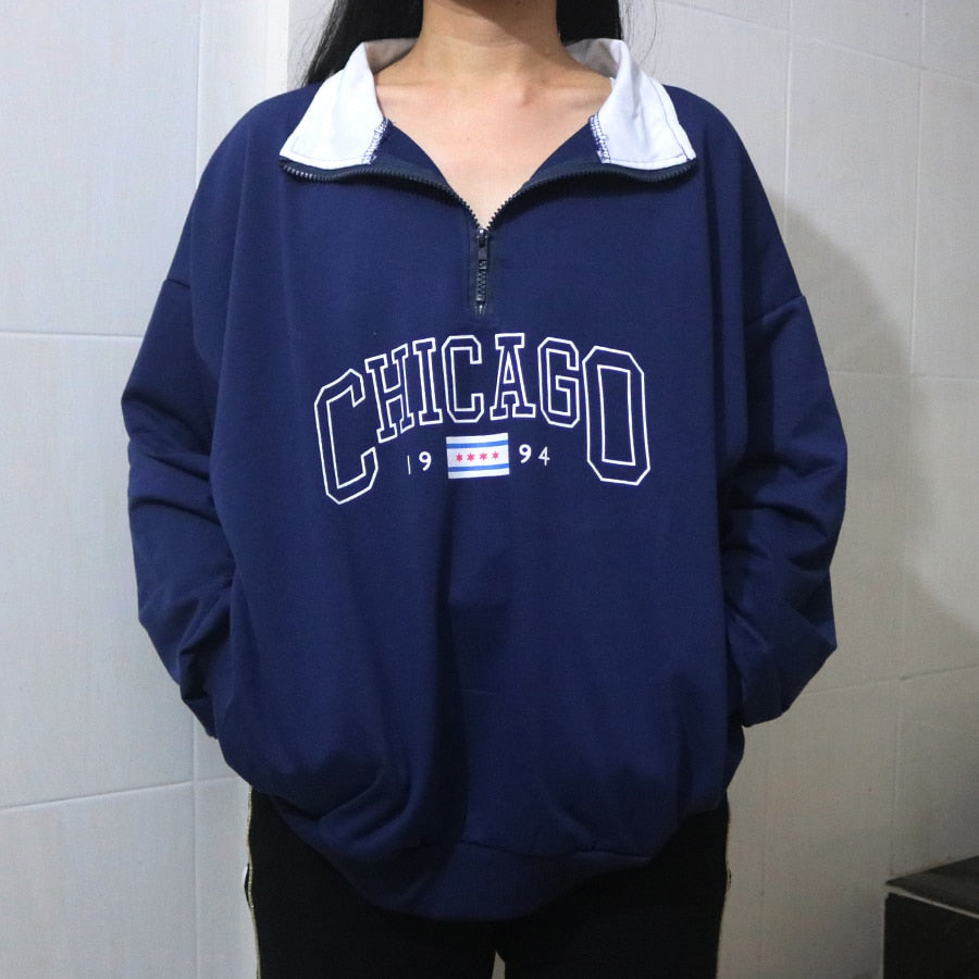 Dark Blue Letter Printing Zip Up Collar Sweatshirt Women Vintage Brand Fashion Oversized Loose Casual Streetwear New Long Sleeve