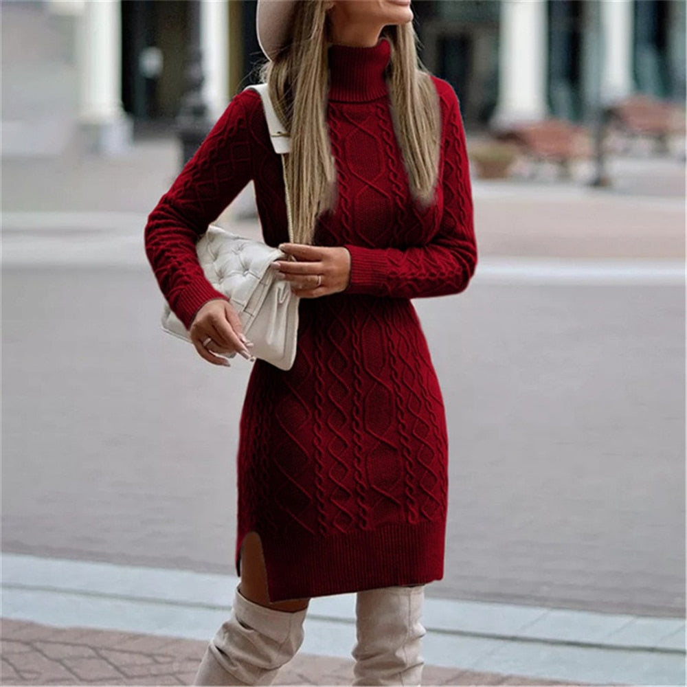 Fashion Knitted Sweater Dress Women Long Sleeve V Neck Solid Jumper Loose Knit Dresses Autumn Winter Female Sweaters Casual