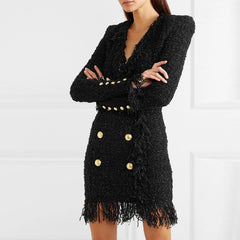 Tweed Long Sleeve Dress Autumn Winter Women 2022 Sexy Tassel V-neck Double Breasted Button White Black Thick Dress High Quality
