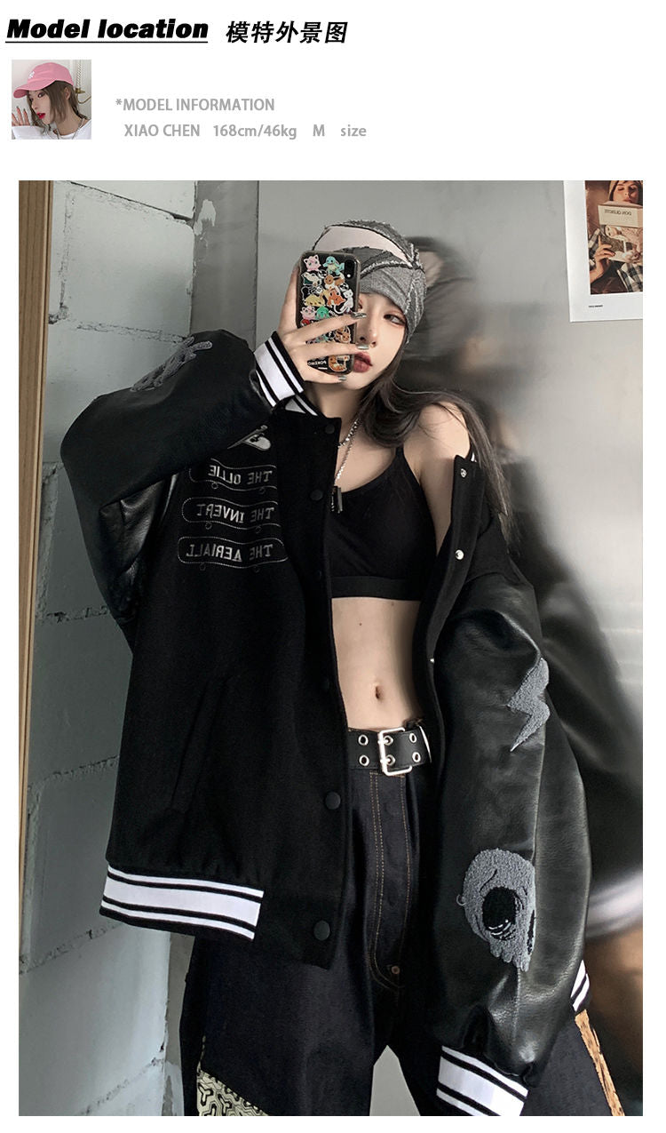 Splicing leather Bomber Jackets Women Coat Couple Baseball Jacket Autumn Unisex Boyfriend Style Varsity Hiphop Streetwear