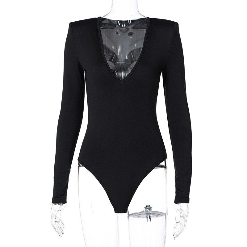 Autumn Deep V-Neck Bodysuit Long Sleeve Buttons Slim Bodysuit Women Casual Sexy Rompers Ladies Elegant One-pieces Bodysuit