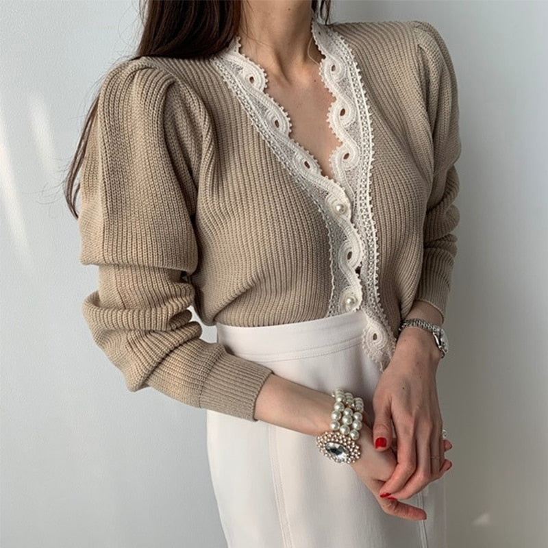 Design blouse lace stitching light familiar niche sweater sweater