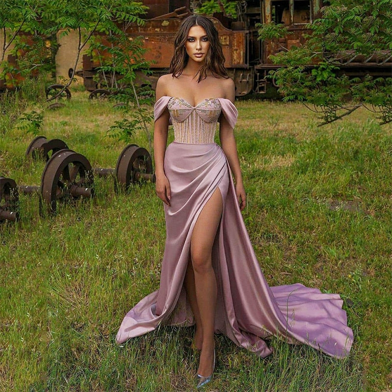 Lizakosht Dubai Prom Party Dresses Promdress High Split Beads Sequined Purple Evening Gowns Long Off Shoulder Celebrity Dress 2022