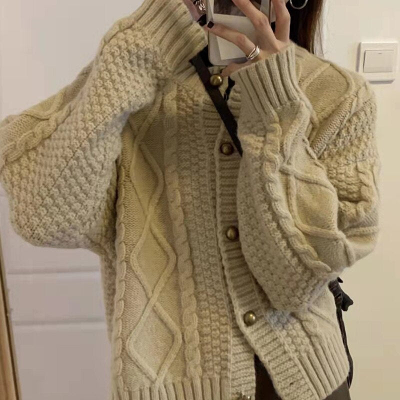 Autumn Spring Thick Single Breasted Cardigan Sweater Women Casual Loose Solid Knit Sweater Ladies Single Breasted Sweaters