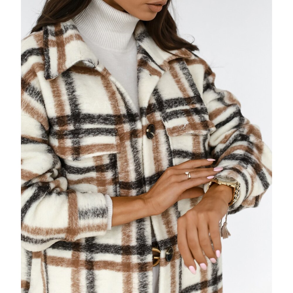 Winter Checked Women Jacket Turn Down Overcoat Warm Plaid Long Coat Oversize Thick Woolen Blends Female Streetwear
