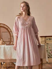 Lizakosht Vintage Cotton Women's Long Nightgowns Spring Summer Half Sleeve V- Neck Princess Holiday Elegant Night Dress Home Sleepwear