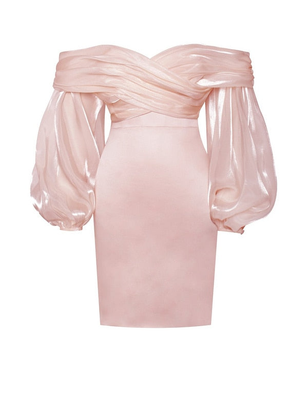 High Quality Celebrity Pink White Mesh Puff Sleeve Off The Shoulder Bodycon Dress Elegant Club Party Fashion Dress Vestidos
