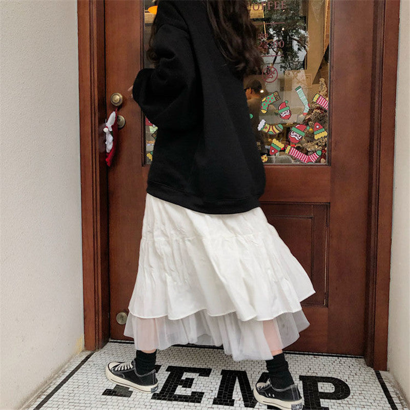Long Tulle Midi Skirts Womens 2021 Autumn Elastic High Waist Mesh Tutu Pleated Skirts Female Black White Long Skirt Streetwear