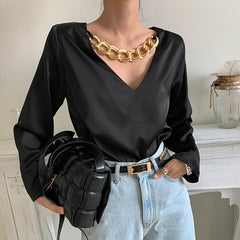 Lizakosht Women's shirt autumn new V-neck metal chain decoration Slim all-match long-sleeved shirt