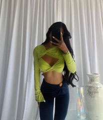 Fall Fashion Tops Women 2022  Long Sleeve Bodycon Top Green Cut Out Sexy Crop Top Blouses Slim Fit for Party Club