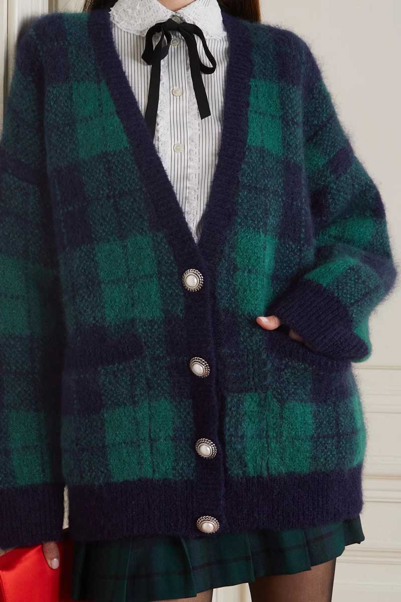 Lizakosht  green plaid  long cardigan women warm V-Neck Long Sleeve sweater women autumn winter women tops new sweater