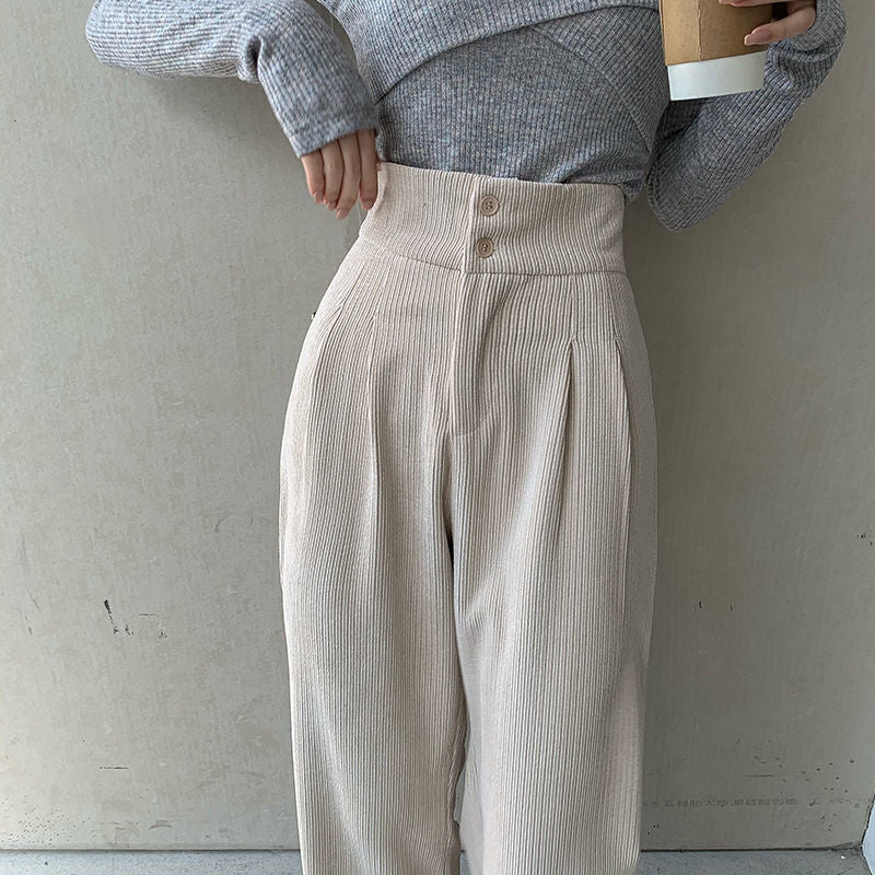 Hstar High Waist Double Button Loose Female Straight Leg Trousers Casual Pantalon Femme Pant Fashion Women Corduroy Long Pant