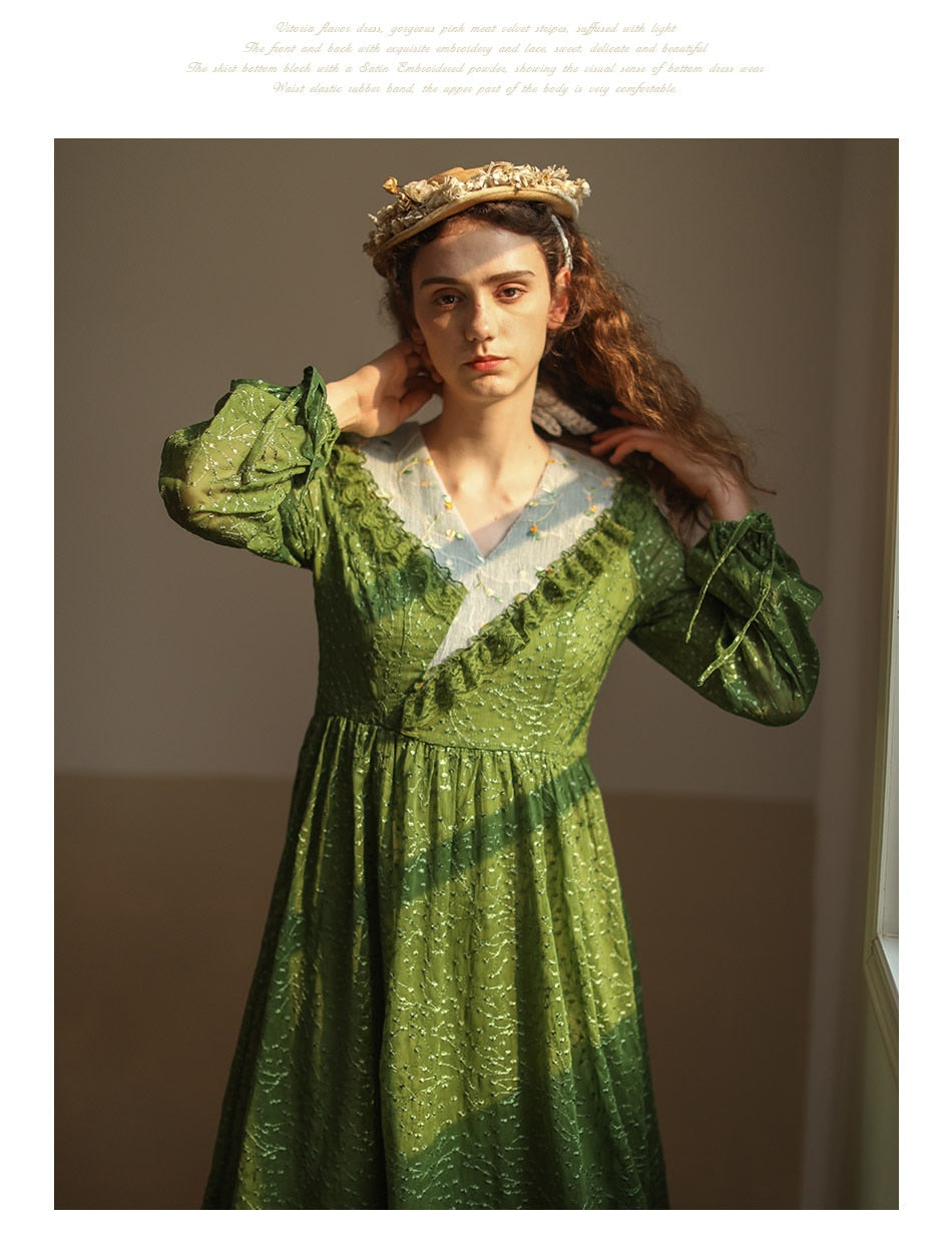 Lizakosht Green Dress SpringSummer Women Vintage Elegant Slim Long Sleeve Embroidery Lace V-Neck Cotton Long Dress ropa mujer talla grande