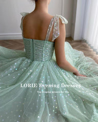 Lizakosht  Glitter Prom Dresses Mint Green Adjustable Straps Shiny Love Tulle Tea Length Arabic Wedding Party Graduation Dress 2021