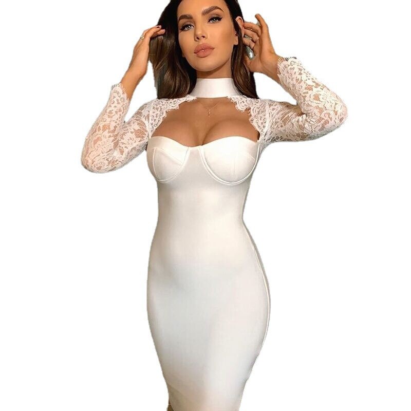 Lizakosht New Women's Bandage Dress Sexy V-Neck Lace Openwork Long-Sleeved Split Tight Dress Vestidos Sexy Embroidered Lace Bodycon Dress
