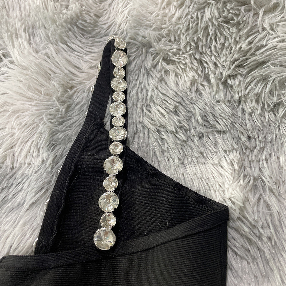 Lizakosht  2022 Ladies Spaghetti Straps V-neck Sexy Tight Bandage Dress Crystal Diamond Design Celebrity Runway Party Club Dress