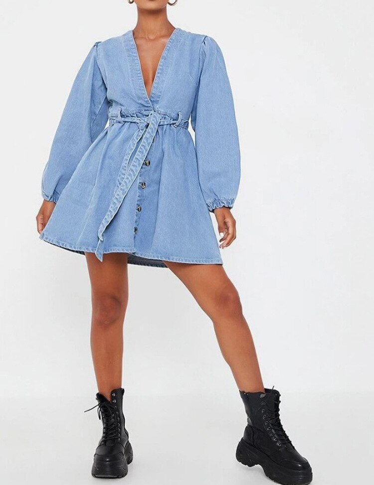 Lizakosht new women's denim dress long-sleeved cardigan V-neck big swing women's denim long-sleeved dress