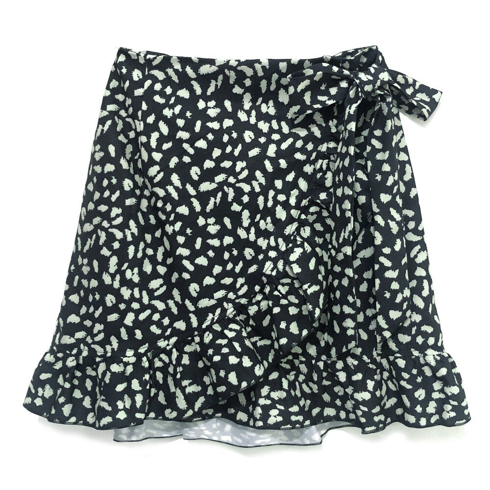 Women Skirt 2021 Summer New High Waist Lace Up Elastic Short Skirt Ruffled Irregular Leopard Print Zipper Skirt Casual Beachwear
