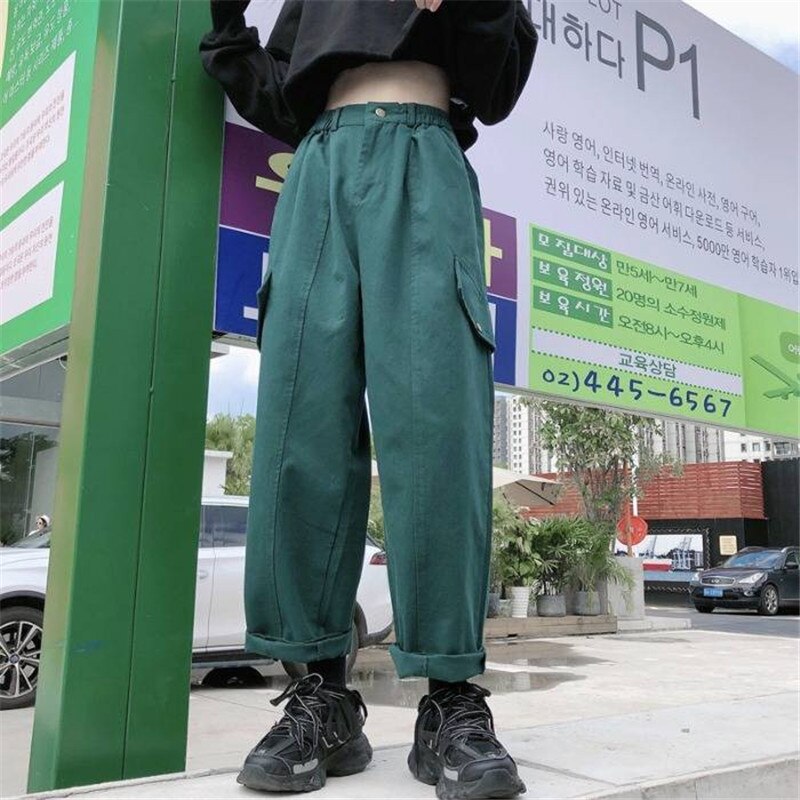New Green Harajuku Cargo Pants Women Loose High Waist Pants Womens Streetwear Hip Hop trousers casual 2020 pantalon mujer pants