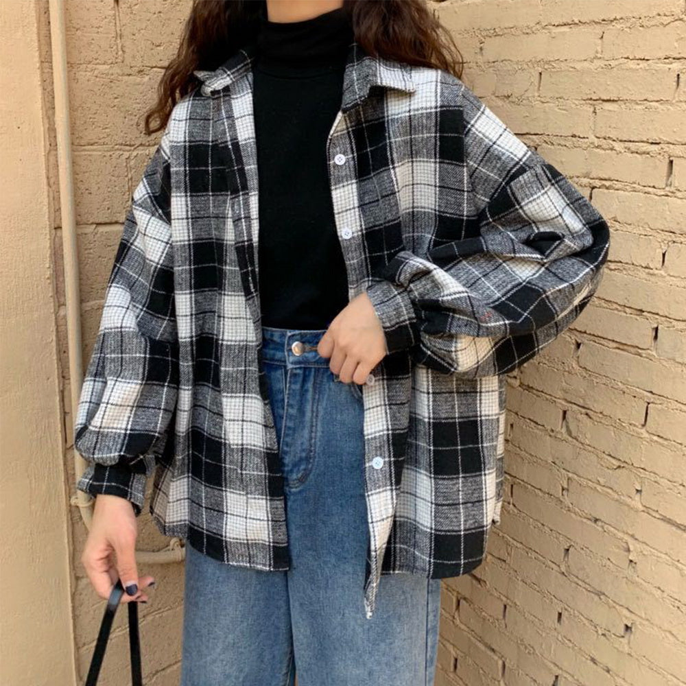 Women Vintage Warm Shirt Jacket Autumn Winter Plaid Long Shirt Jacekt Casual Loose Buttons Pockets Turn down Shirt Coat