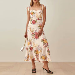 Bella 2022 new Elastic Summer Dress Vintage Floral Print Dress Woman Sexy Spaghetti Strap Tie Chiffon Elegant Ruffle Midi Dress