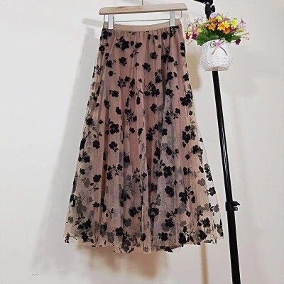 Neophil 2021 Summer Women Tulle Mesh Midi Skirts 3 Layers Floral Puffy Pleated High Waist Casual Fashion Skirt Saias Jupe S21305