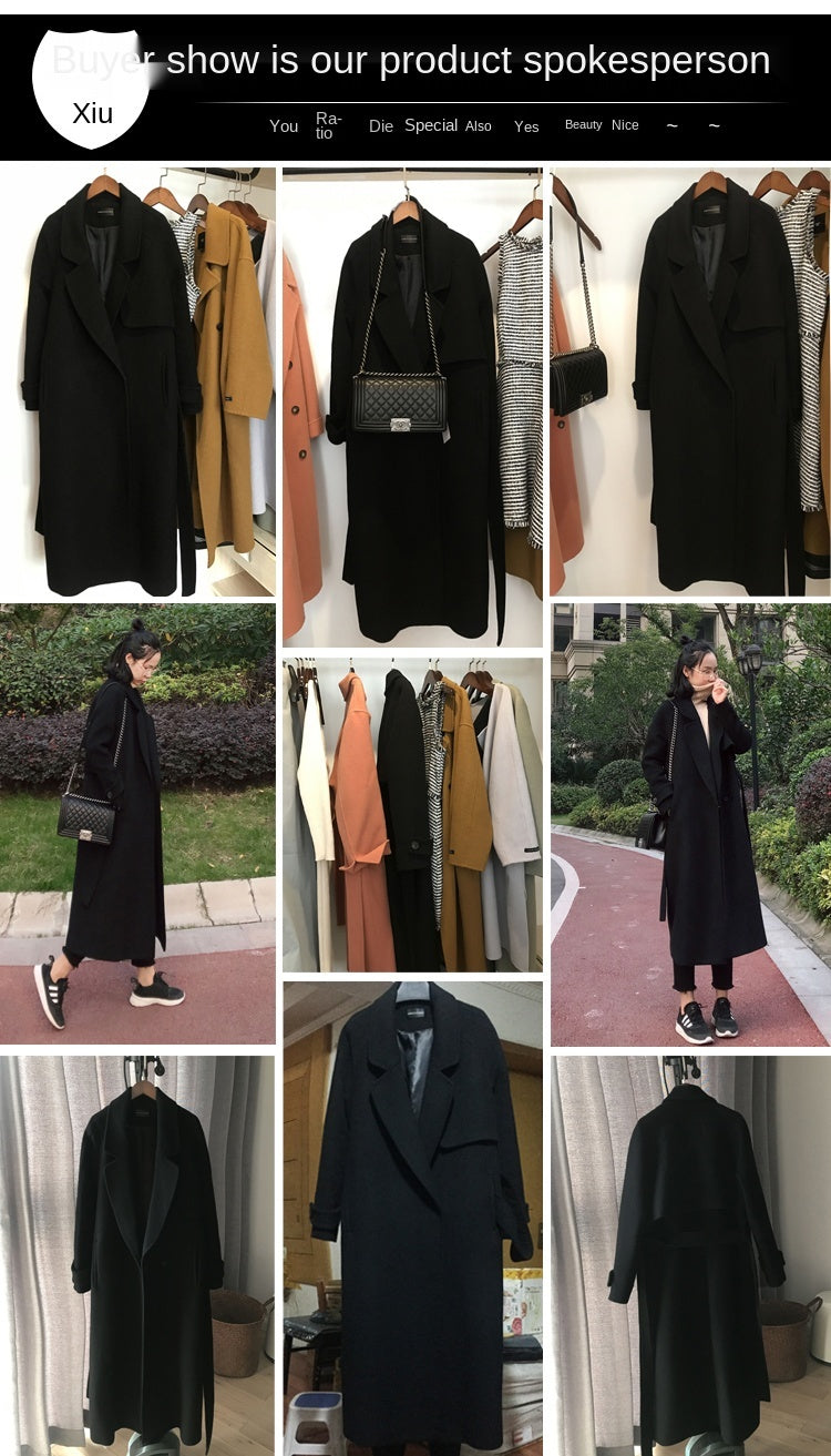 Fall/Winter 2021black woolen coat women's fashion coat loose belt temperament is thin casual wool coat trench  Office Lady Long