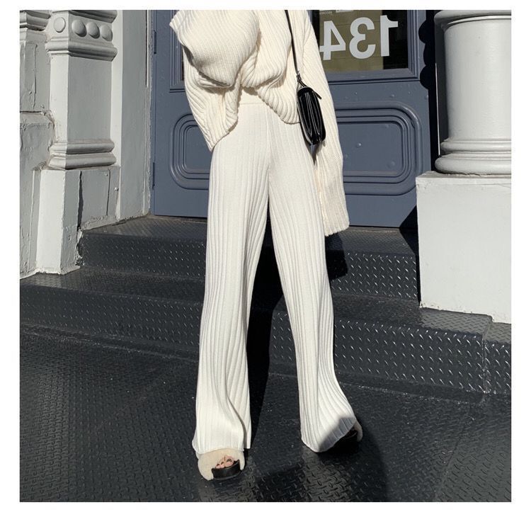 Casual Warm Loose Floor-length Sweater Pants for Women Autumn Winter High Waist Wide Leg Knitted Trousers Femme 2022