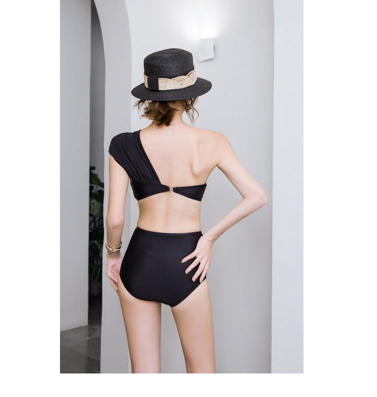 Lizakosht High Waist Bikini Woman Solid One Shoulder Thong Bikini Cute Swimsuit Korean Style 2022 Bathing Suit 2 Piece Bodysuit Monokini