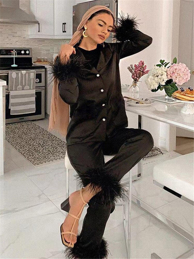 Lizakosht  2022 Casual Two Piece Pants Set For Women Black Fleece Fur Long Sleeve Top Shirt And Pantsuit Ladies Fashion Party Suit