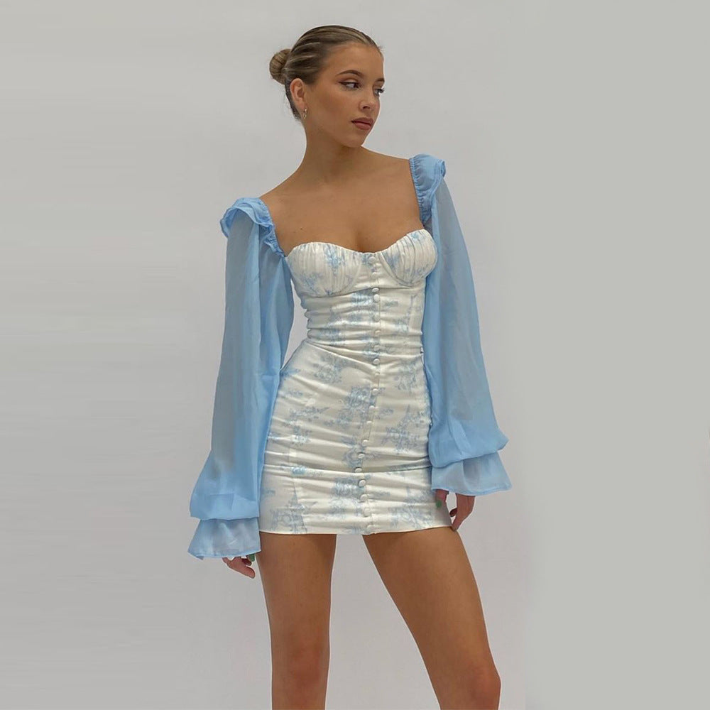 Lizakosht High Quality Mini Bodycon Dress Women Summer 2022 New Arrivals Blue Long Sleeve Bodycon Dress Double Layer Club Party Dress