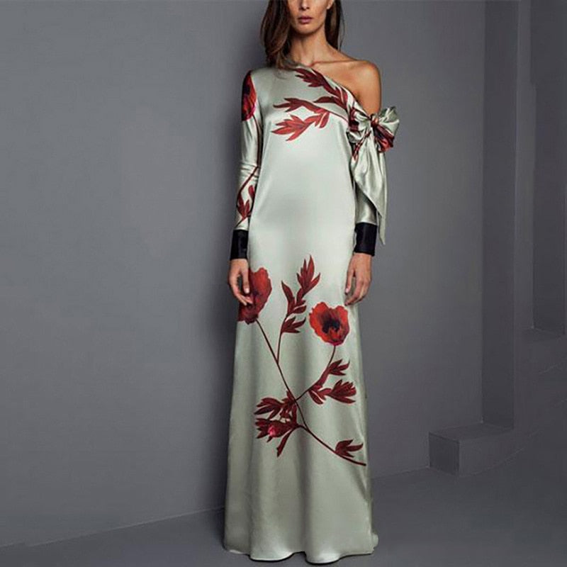 Fashion Floral Print Straight Long Sleeved Off Shoulder Bow Autumn Mother of The Bride Dress Casual Evening Gowns Prom Robe