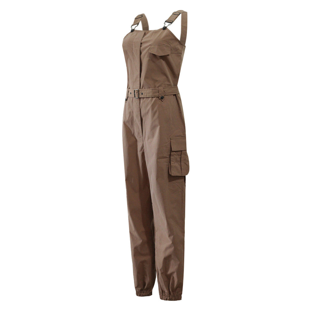 Jumpsuits Women Casual Cargo Playsuit Sleeveless O Neck Jumpsuit With Pocket and Belt Elegant Pencil Pants Loose Overalls