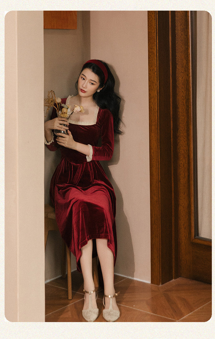 Vintage Velvet Dress Woman Solid Claret & Purple Color Square Collar Ruffles Elegant Lady Dinner Dresses Retro Vestido Festa