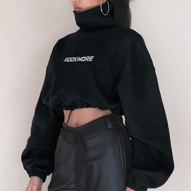 Autumn Winter Turtleneck Thick Hoodie Oversized Women Crop Tops Sweatshirt Pullovers Long Sleeve Letter Print Waist Drawstring