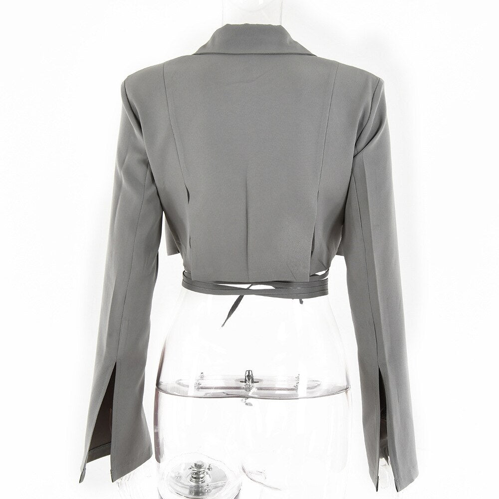 Foridol Belt Lace Up Cropped Blazer Tops Women Autumn Winter Long Sleeve Streetwear Oversized Blazer 2022 Grey Tops