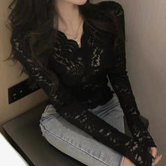 Bella Philosophy Wonder Sexy Lace Long Sleeve Blouse Female V-neck Tops Korean Fashion Lady Transparent Korean Bottoming Blouses