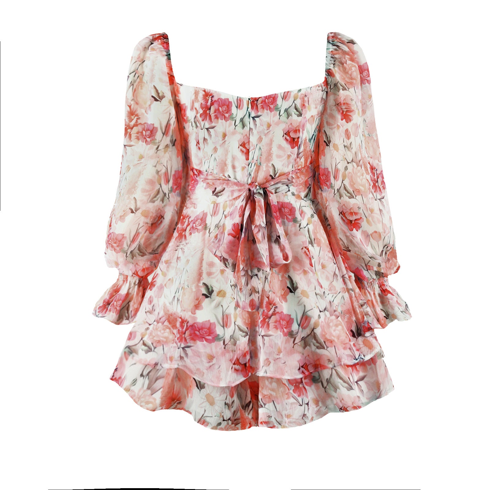 Lizakosht  Women's Chiffon Long Sleeves Jumpsuit Lace Up Ruffle Floral Print Romper Female Playsuit 2022 Ladies Sexy Square Collar Jumpsuit