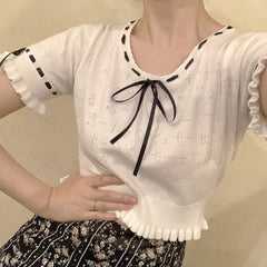 Lizakosht Sweet Knitted Top Women Summer Japanese Hollow Out Design Ribbon Trim Bow TShirt Women Aesthetic Harajuku Shirt Kawaii Clothes