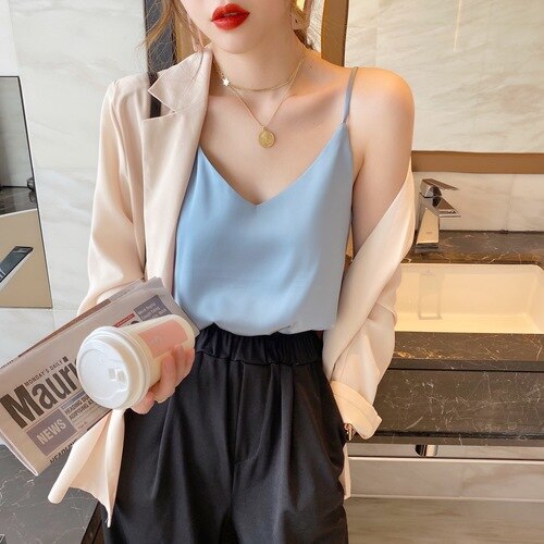 Korean Silk Women Tops Camis Woman Satin Tank Top Fashion Lady V-Neck Camis Women Sleeveless White Tops Sexy Halter Top XXXL