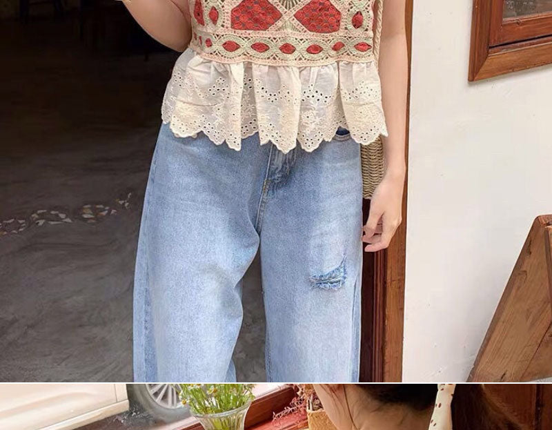 Lizakosht Patchwork Cropped Top Women Clothing Knitted Hollow Out Camisole Female Clothes Backless Lace Tops Ladies Tank-top Summer