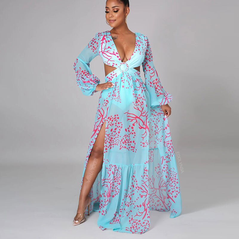 Sexy Bikini Long Sleeve Cover-ups Print Loose Dress 2022 Autumn Women Plus Size Beachwear Swimsuit Cover Up Sarongs A954