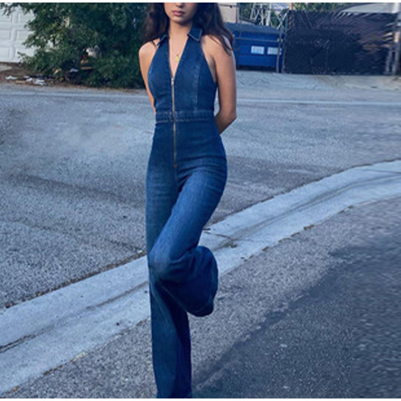 Lizakosht Sexy Slim Denim Romper Women's Jumpsuit 2021 Autumn Halter Straight High Waist Jumpsuits Female Elegant Lady Party Club Rompers