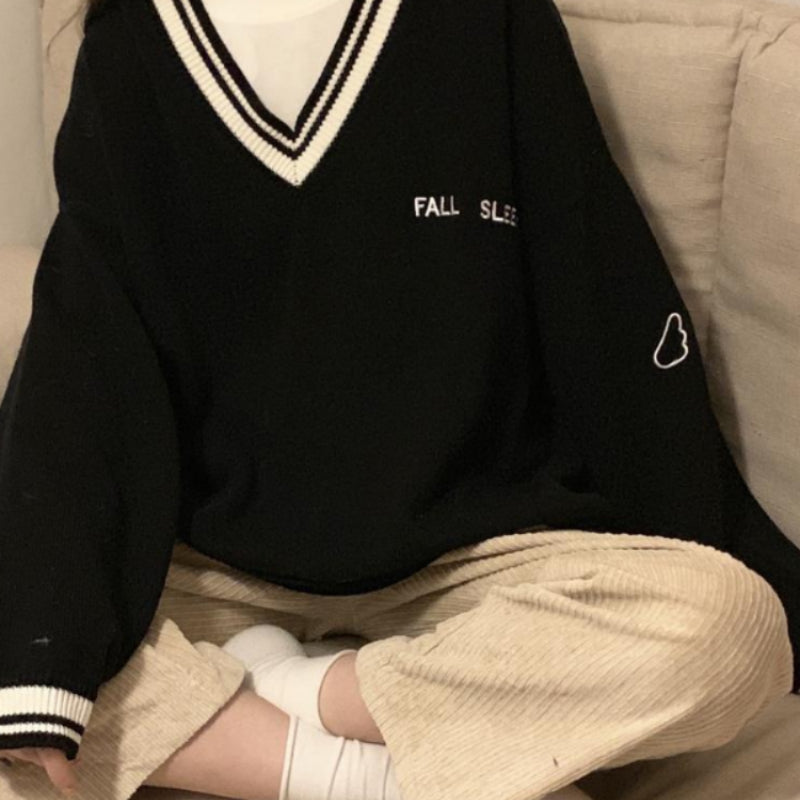 Sweaters Women Ulzzang Letter Chic Vintage V-neck Daily Oversize Girls Pullovers Student Fall Casual All-match Ins Women Sweater