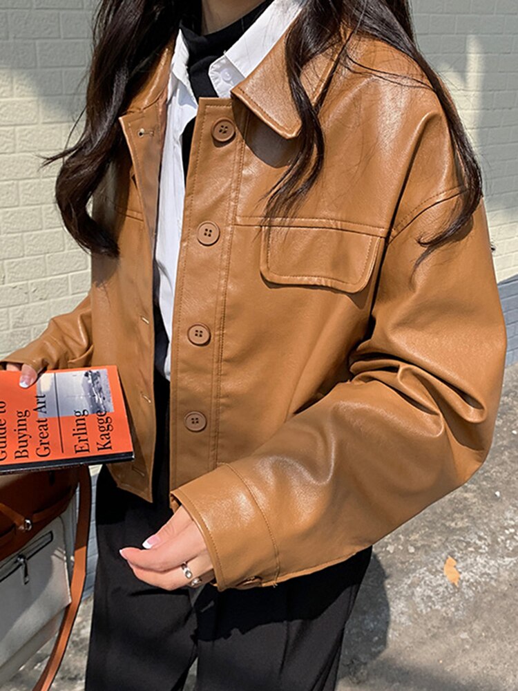 AIYANGA PU Faux Leather Jacket Women Loose Casual Biker Jackets Outerwear Female Tops BF Style Black Leather Jacket Elegant Coat