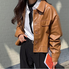 AIYANGA PU Faux Leather Jacket Women Loose Casual Biker Jackets Outerwear Female Tops BF Style Black Leather Jacket Elegant Coat