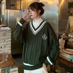 Bella 2022 Women Harajuku V-neck Japanese Sweater Female Preppy Style Long Sleeve Knitted Pullovers Autumn Warm loose Jumpers