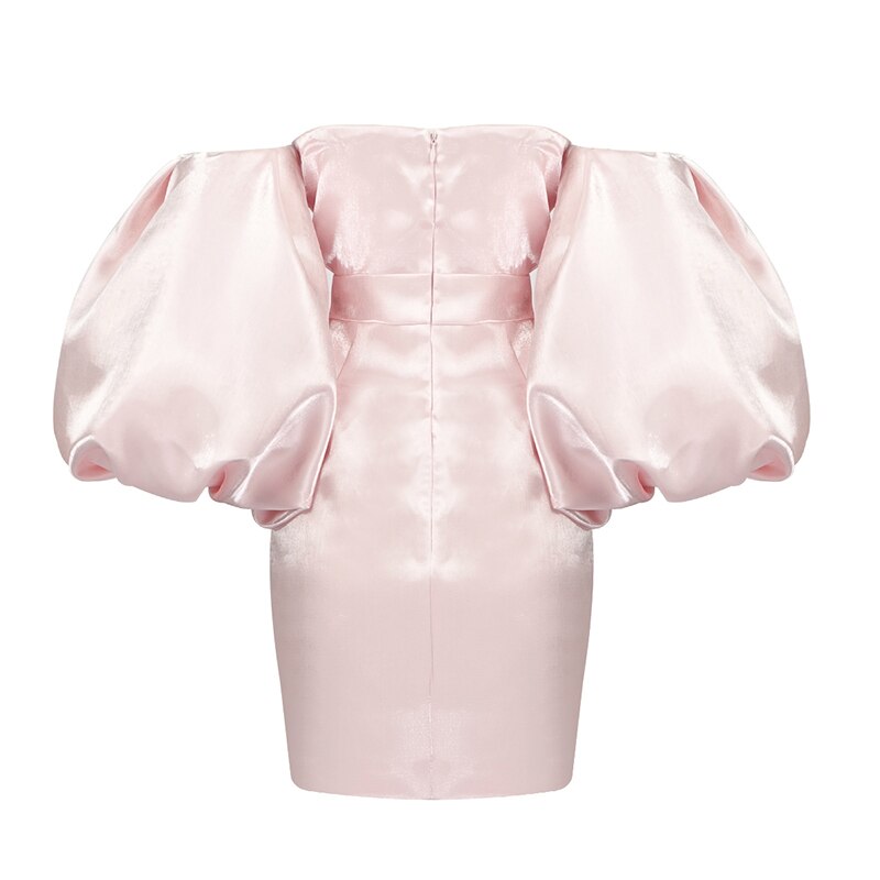Summer New Women Sexy White Pink Off The Shoulder Puff Sleeve Draped Mini Runway Club Party Dress